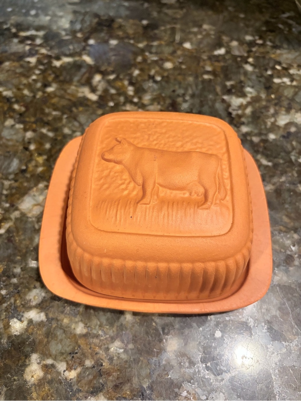Terracotta Butter Keeper with Embossed Cow